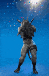 a pixel art drawing of a monster with a sword and a glowing green ribbon around his neck