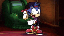 a cartoon of a sonic the hedgehog wearing a hat and standing in front of a green chair .