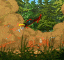 a cartoon character is flying through a cloud of dust in a forest