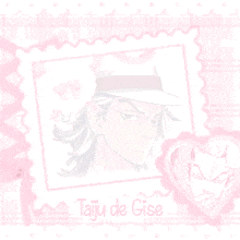 a picture of taiju de gise is on a pink and white background