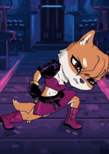 a cartoon of a fox in a purple dress