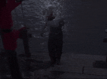 a person standing on a dock in the dark with a red pole in the background