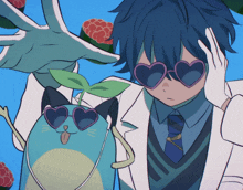 a boy wearing heart shaped sunglasses stands next to a cat with headphones