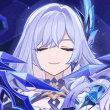 a close up of a girl with white hair and blue feathers