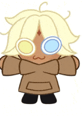 a cartoon character wearing glasses and a brown jacket
