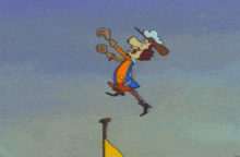 a cartoon character is jumping in the air