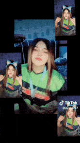 a girl wearing a cat ear headband and a green shirt has a tiktok sticker on her face