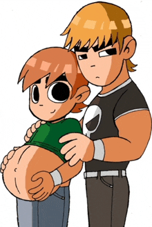two cartoon characters are standing next to each other and one has a skull shirt on
