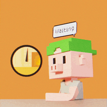 a cartoon character with a green hat and a speech bubble that says ' waiting '
