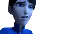 a cartoon character with blue eyes and a blue shirt has his mouth open