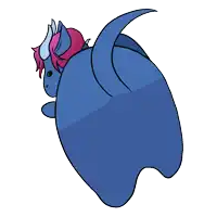 a drawing of a blue dragon with pink hair and green eyes