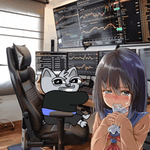 a cartoon of a girl crying in front of a wall of computer monitors with one that says ' usd ' on it