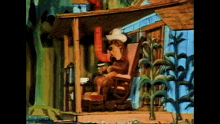 a cartoon dog wearing a cowboy hat is sitting in a rocking chair on a porch