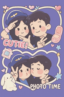 a cartoon drawing of a boy and a girl with the words cutie and photo time