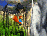 a squirrel in a blue shirt is standing in front of a waterfall in a video game