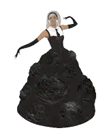 a woman in a black and white dress with black roses on it