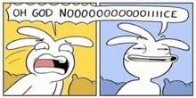 a cartoon of a rabbit crying and a cartoon of a rabbit smiling with a speech bubble .