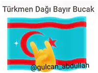 a picture of a turkmen flag with a yellow hand making a rock and roll sign