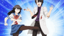 a man in a lab coat is kicking a girl in a school uniform