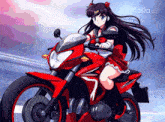 a girl is riding a red motorcycle with pollo.ai written on the bottom right