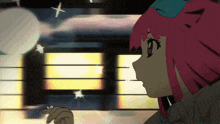 a girl with pink hair and a blue bow in her hair