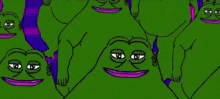 a bunch of green frogs with purple eyes are standing next to each other .