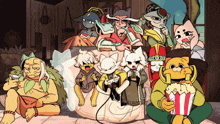 a group of cartoon characters are sitting around eating popcorn and playing video games