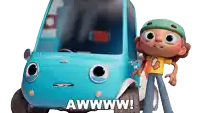a cartoon character is standing next to a blue car that says awwww