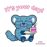 a cartoon drawing of a chinchilla holding a cake with the words it 's your day
