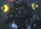 a robot with a yellow light on its head is holding a dead body