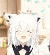 a white anime girl with cat ears is smiling with a yellow x on her head .