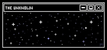 a pixel art of a starry sky with the words `` the unknown '' written in the middle .