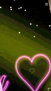 a green background with a pink heart and the letter m in the corner