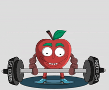 a cartoon of an apple lifting a barbell with muscles