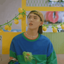 a young man wearing a blue green and yellow sweater and a hat with lemons in the background