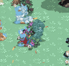 a pixel art drawing of a statue surrounded by flowers and a heart