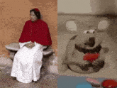 a man in a red cape is sitting next to a stuffed animal