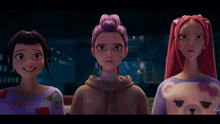 a painting of three girls with purple hair and the letters a and a on the bottom right