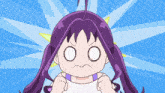 a cartoon girl with purple hair making a face with her eyes closed