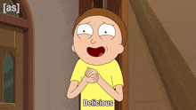 a cartoon character says " delicious " in front of a door
