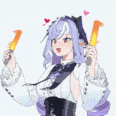 a drawing of a girl with purple hair and red eyes holding a torch