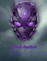 a purple robot head with the words " block aquired " underneath it