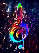 a colorful treble clef surrounded by music notes on a dark background