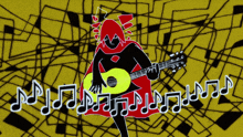 a cartoon drawing of a person playing a guitar with music notes behind them