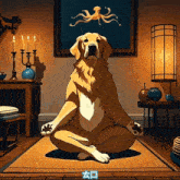 a dog sits in a lotus position with a picture of an octopus above it