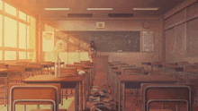 an empty classroom with a chalkboard that says " i love you "