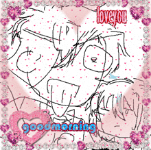 a drawing of a man and woman with the words " love you " in red