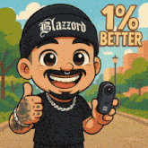 a cartoon of a man wearing a hat that says blazzard on it