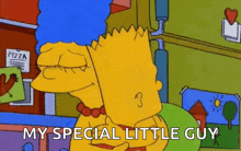 bart simpson and marge simpson from the simpsons are hugging each other in a kitchen .