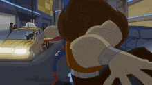 a cartoon of a man in a superhero costume standing in front of a taxi cab .